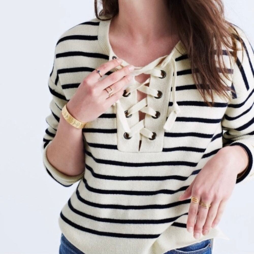 MADEWELL | Merino Wool Striped‎ Lace Neckline Long Slv. Pullover Sweater | Large